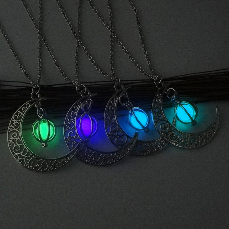 Fashion Women's Stone Shine Moon Charm Luminous Necklace