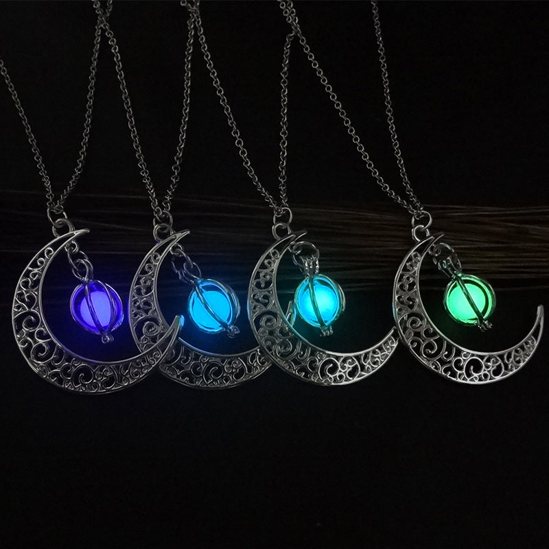 Fashion Women's Stone Shine Moon Charm Luminous Necklace