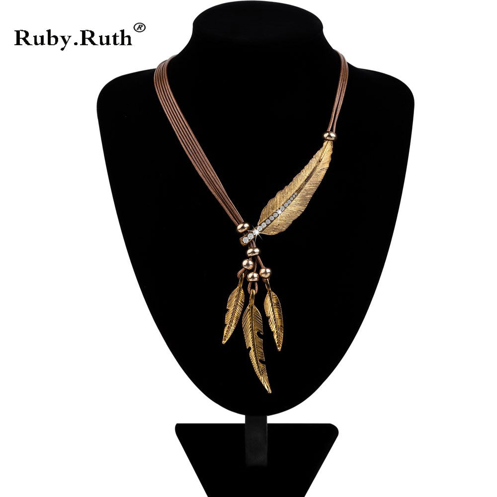 Vintage Alloy Feather Statement Necklace Women